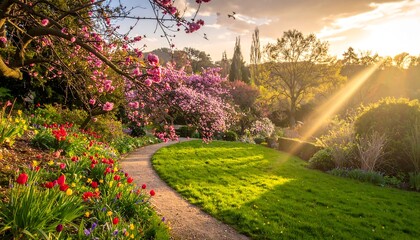 Winding path leads through vibrant garden full of blooming spring flowers under the golden light of the setting sun