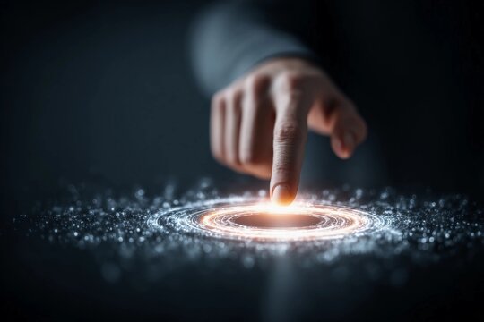 Human finger reaching out to touch a glowing orb in a dark, futuristic environment with swirling energy