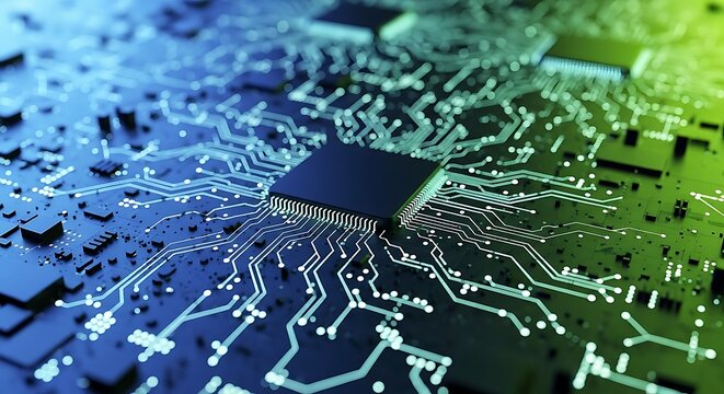 Close Up Of A Modern Computer Circuit Board With Glowing Blue And Green Traces Connecting A Central Processing Unit, Representing Data Flow And Advanced Technology.