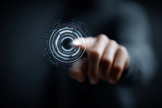 Innovative technology concept showing a person interacting with a digital interface in a modern workspace - Powered by Adobe