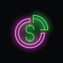 Neon sign representing the concept of money turnover, with a dollar sign inside a circle and a rotating arrow