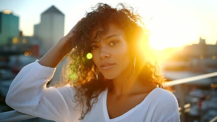 Golden hour portrait session on rooftop, photographer directing model against city skyline, soft backlight flare, editorial vibe, with copy space - Powered by Adobe