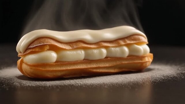 Close up of a cream filled eclair with white frosting and powdered sugar on a dark surface