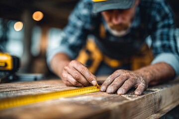 Craftsman measuring wood with a yellow ruler in a workshop filled with tools and natural light during daytime