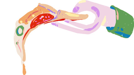 Full Color Textured Doodle Pizza Slice Held in Hand
