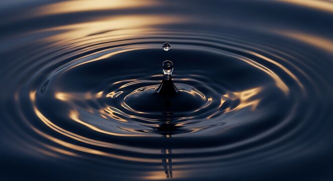 A Single Water Droplet Creating Perfect Circular Ripples On A Dark Reflective Surface With Warm Golden Light Reflections.