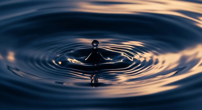 A Captivating Close-Up Of A Water Droplet Impacting A Dark Liquid Surface, Creating A Crown-Like Splash And Concentric Ripples With Golden Reflections.
