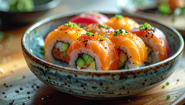Colorful sushi rolls, tasty Japanese food, delicious snack. Cooking and culinary concept.