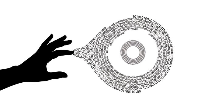 Silhouette of hand reaching for binary code circle on a white background for digital concept