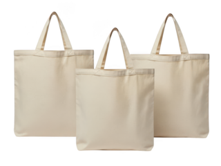 Three blank beige canvas tote bags isolated on transparent background
