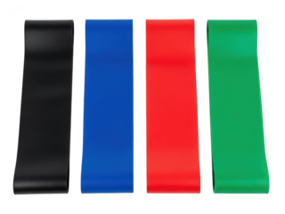 Four resistance loop bands in black, blue, red, and green isolated on transparent background