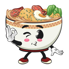 cute ramen noodle bowl mascot giving an okay sign, kawaii asian food cartoon vector illustration, work of hand drawn