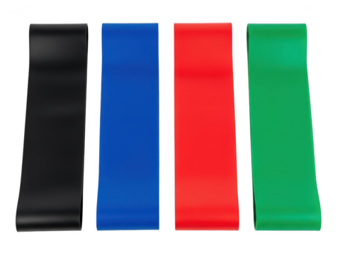 Four resistance loop bands in black, blue, red, and green isolated on transparent background