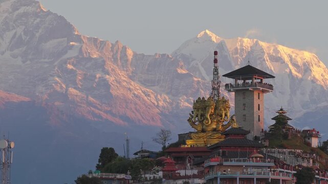 Aerial view of Sarangkot viewpoint and mountains, Nepal.