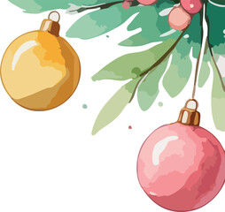 Two pastel Christmas ornaments hang beside soft watercolor-style green leaves and berries, creating a gentle festive corner decoration.