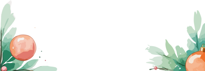 A soft watercolor holiday border featuring pastel green foliage and peach ornaments arranged on the left and right sides, leaving a wide clean space in the center for text or design.