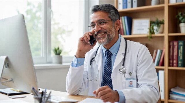 Doctor providing a phone consultation in his office for communication and supportive medical guidance.