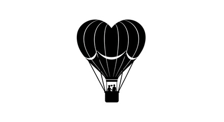 Silhouette of a heart shaped hot air balloon with a couple inside on a white background