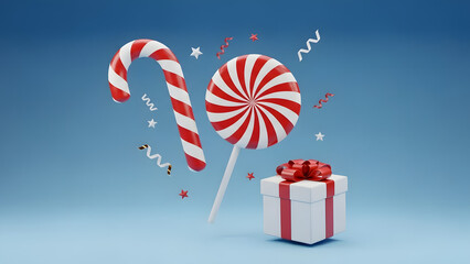 3D Render of Flying Candy Cane Lollipop and Gift Box with Red Ribbon on Blue Background Christmas Holiday Sweet Festive Concept