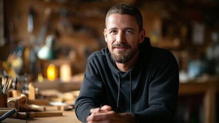 Brand founder portrait shoot in workshop, tools on wall, authentic craft story, warm tones, with copy space