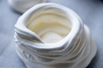Close-Up of Unbaked Meringue Nest on Baking Sheet