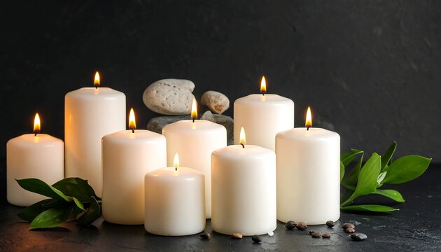 White candles of varying heights, with pebbles and green leaves on a black surface against a dark background - Powered by Adobe