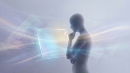 Silhouette of a humanoid figure analyzing a glowing holographic screen. Abstract futuristic background with light streaks. Concept of AI, technology, and future innovation.