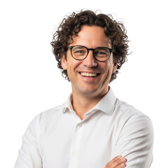 Obraz premium Smiling caucasian man with curly hair and glasses wearing a white collared shirt isolated on transparent background