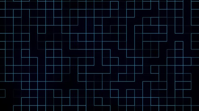 futuristic technology neon grid pattern animated video, abstract blue background with squares lines on dark black digital backdrop , animated computer pattern texture grid seamless loop light digital 