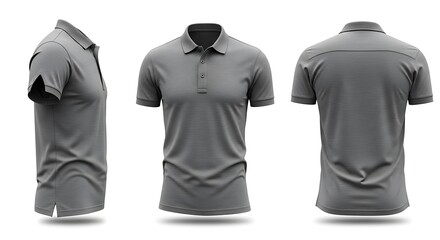 Blank Grey Polo Shirt Mockup, Three Views: Front, Back, and Side. Classic Short Sleeve Collared T-Shirt Template for Apparel Design and Product Display Isolated on White Background.