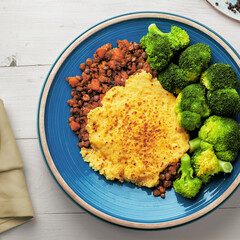 Healthy Lentil Mash Pie Served with Fresh Broccoli