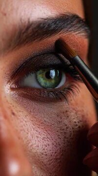 Woman with green eyes applying makeup