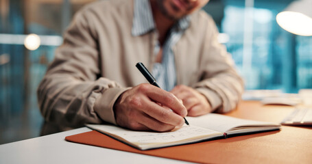 Hands, writing notes and book at startup with review, proposal or research for article at media company. Person, writer or journalist with planning story, editing and checklist at creative agency