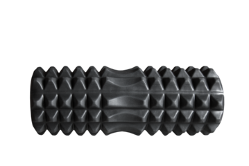 Black textured hard massage roller, body cushion isolated on transparent background, png