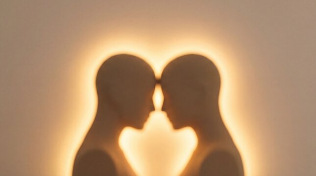 Blurred silhouettes of two human heads facing each other against warm light. Concept of love, connection and intimacy suitable for psychology or relationship backgrounds.