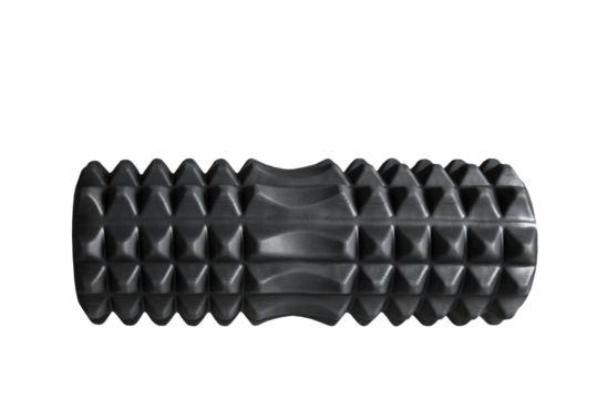 Black textured hard massage roller, body cushion isolated on transparent background, png