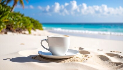 White cup with foam on saucer, sandy beach background, blue ocean and cloudy sky at the bright, sunlit coast