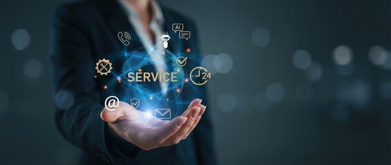 Businesswoman holding service concept with digital icons, customer support, and 247 availability Concept of online assistance and global communication