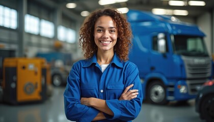Confident female mechanic stands in truck workshop wearing blue uniform. Smiles with arms crossed looking directly at camera. Scene shows industrial setting filled with automotive machinery, vehicles.