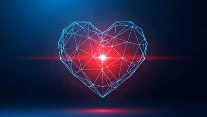 Glowing blue geometric heart shape with red light flare and particles on dark blue background image