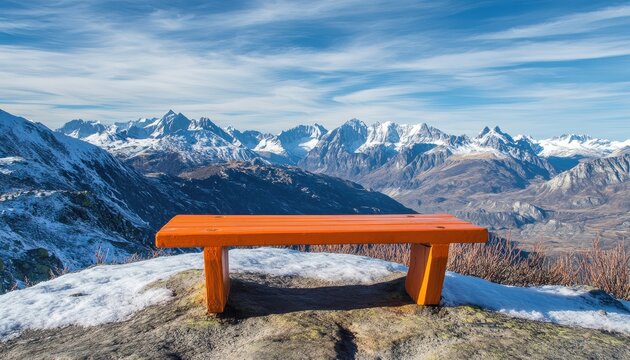 Wooden bench sits atop a rocky summit overlooking a vast panorama of snow capped mountain ranges