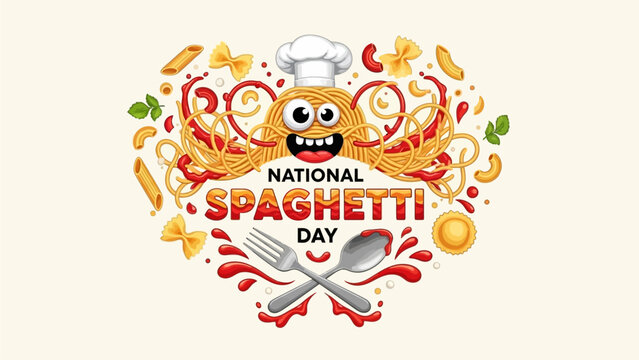 Celebrate National Spaghetti Day with this fun cartoon illustration of pasta, sauce, and utensils that's perfect for social media, restaurant promotions, and food blogs