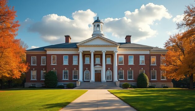 Red brick school building with white columns and dome sits on green lawn. Autumn trees with orange leaves frame classic architecture under blue sky with clouds. Educational institution facade.