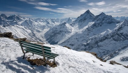 Remote wooden bench offers a high vantage point overlooking expansive snow-covered mountain ranges under a bright sky