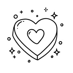 Hand-drawn 3D heart shape with inner heart and sparkles in black and white line art, symbolizing deep love and care