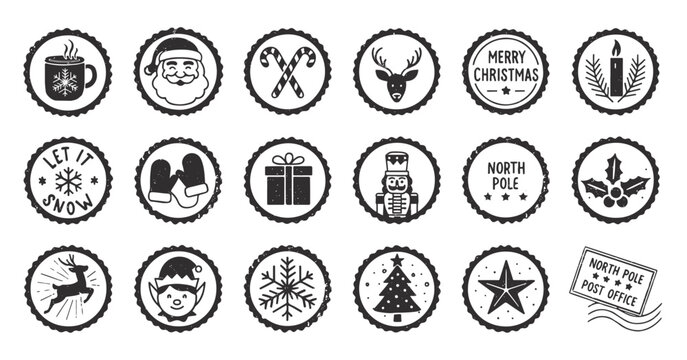 Collection of monochrome Christmas stamps with grunge texture. Includes Santa, reindeer, snowflakes, and typography. Vector illustration perfect for greeting cards, invitations, and winter decoration.