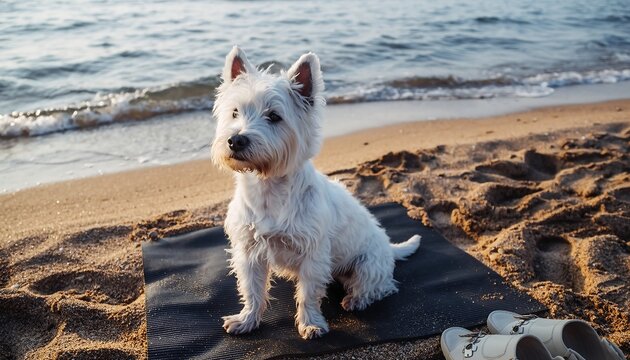 White dog sits on mat at sandy beach near the sea, bathed in warm sunlight - Powered by Adobe
