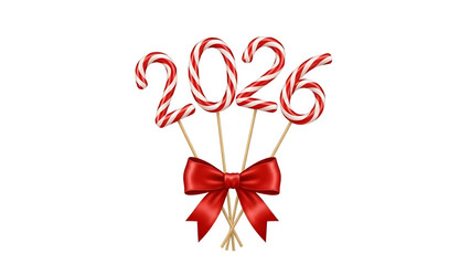 2026 Christmas and Happy New Year candy cane lollipop balloons with red silk bow greeting card template festive seasonal decoration design