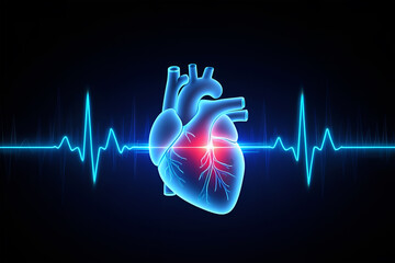 Glowing blue human heart with red highlight and neon blue electrocardiogram on dark background anatomy