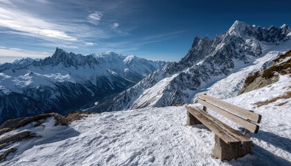 Wooden bench rests upon a snowy mountain vista overlooking jagged peaks under a bright blue sky